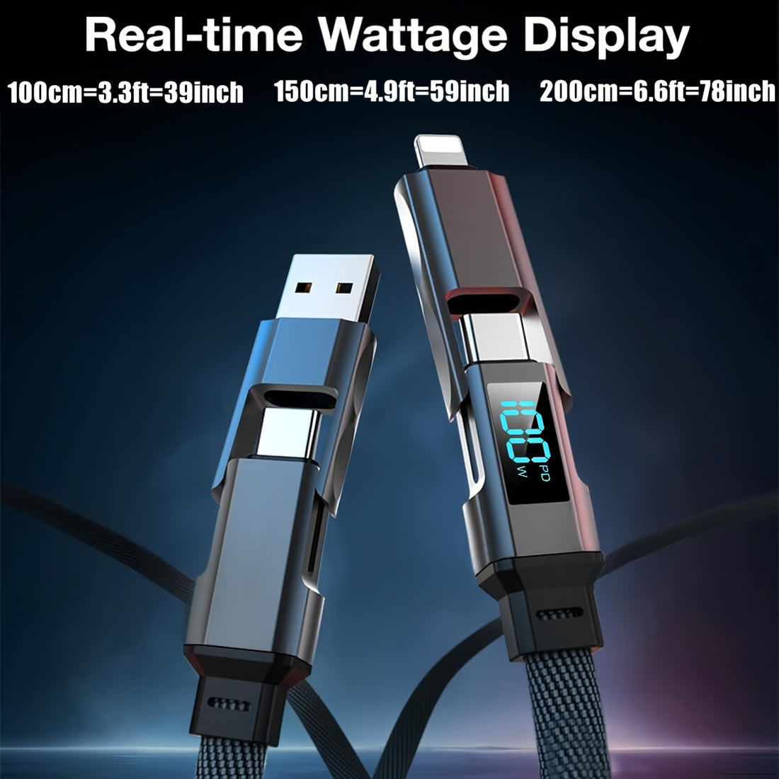 🔌 100W 4-in-1 USB-C Fast Charger Cable with Digital Display