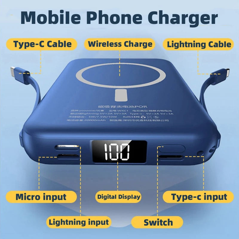 20000mAh Magnetic Powerbank Magnetic Wireless Power Bank For iPhone 12 13 14 15 16 Pro Max Samsung External Battery Fast Charger