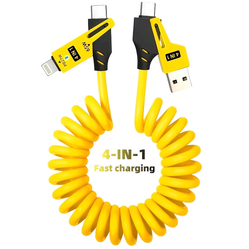 "4-in-1 Fast Charging Data Cable — Spring Retractable, Compatible with Samsung S23/S21, OnePlus, Xiaomi Mi 13, Huawei, OPPO & iPhone"
