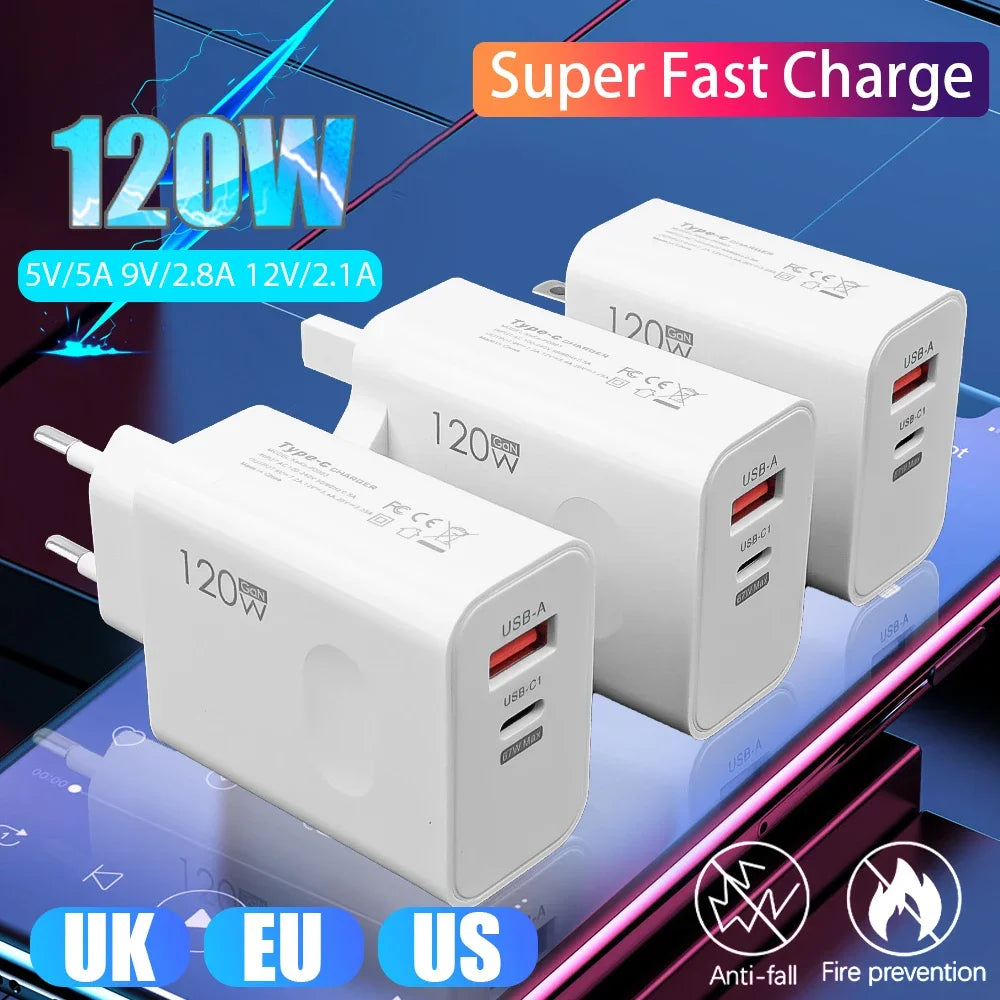 120W Fast Charging USB Type C PD Cable Charger Adapter Kit For iPhone Samsung Xiaomi Redmi Quick Charge Wall Plugs EU/US/UK