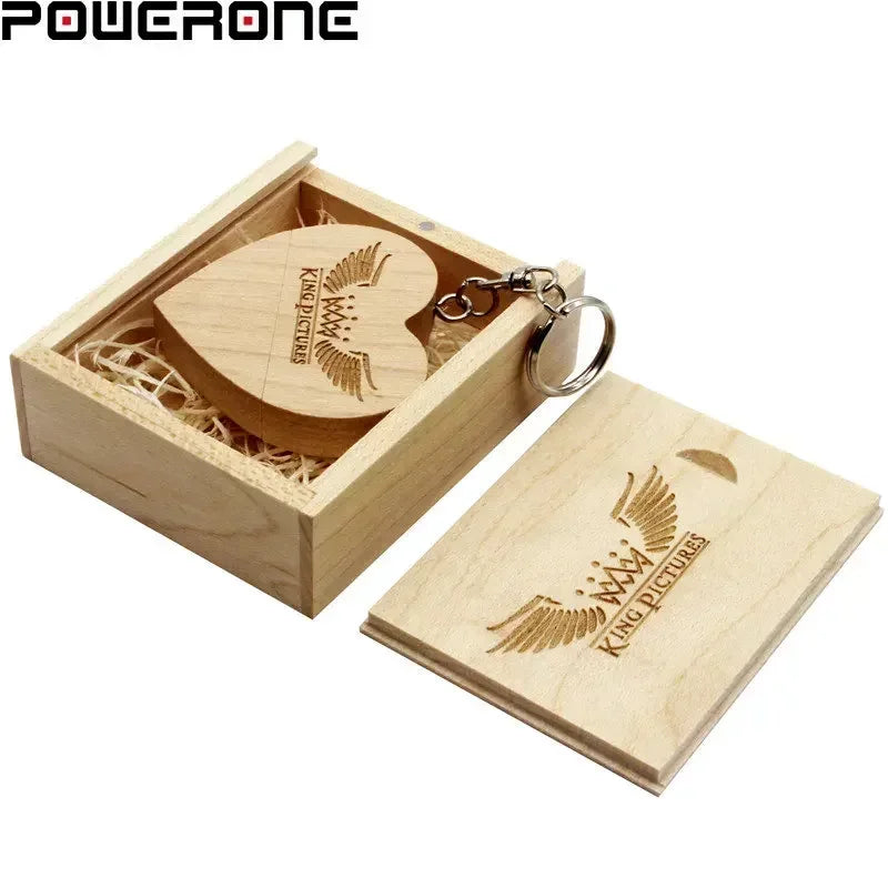 Wooden Heart + Box USB Flash Drives 128GB Free Custom Logo USB 2.0 Memory Stick 64GB Key Chain Gift Pen Drive 32GB Pendrive 16GB