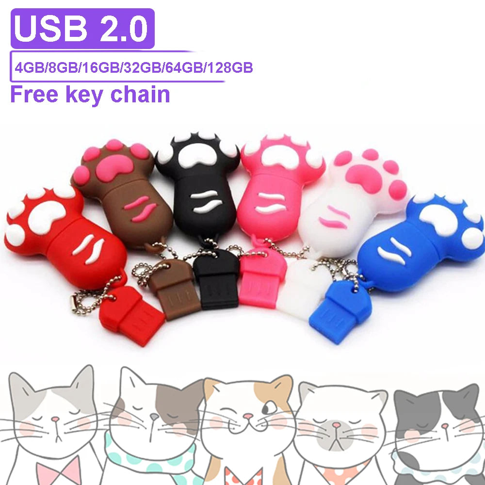 Cartoon Cat Claw USB Flash Drive – 64GB/32GB/16GB U Disk with Free Keychain Gift