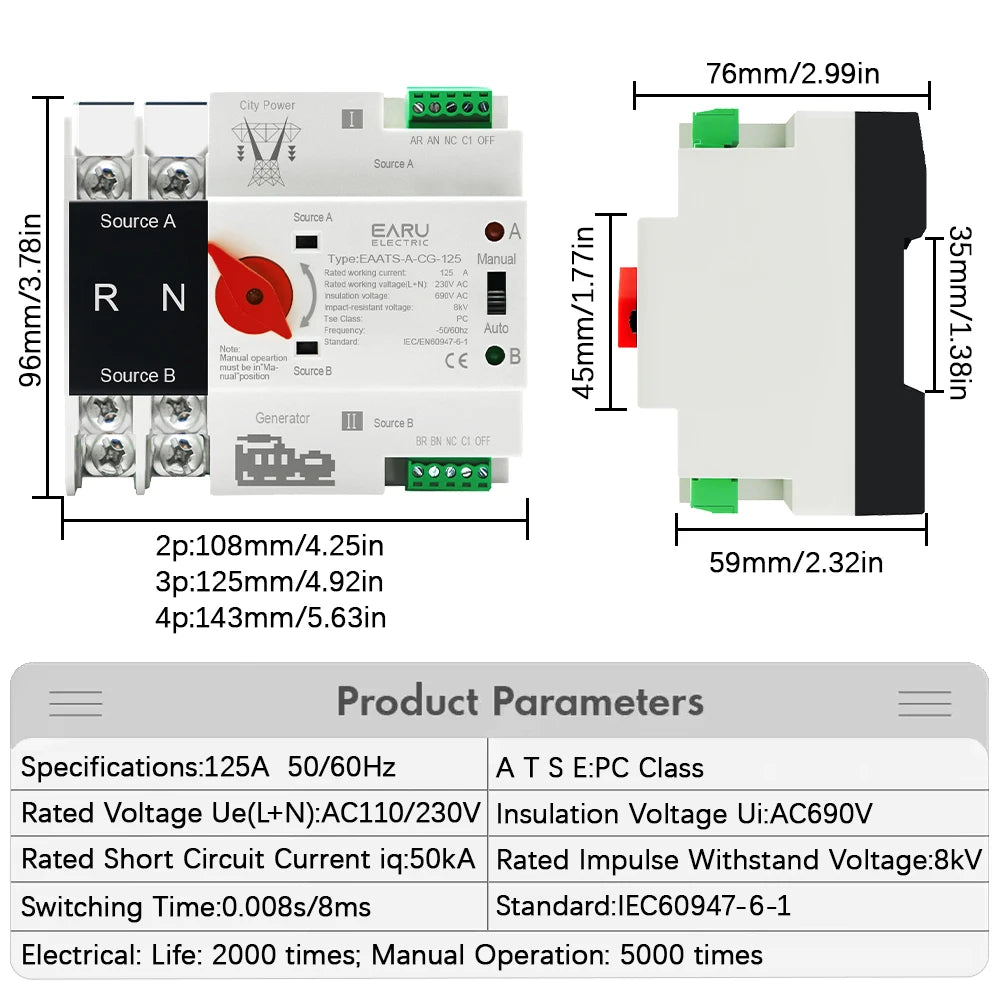 Din Rail 2/3/4P AC 110V 230V 125A Mini ATS Dual Power Automatic Transfer Switch Electrical Selector Switches Uninterrupted Power