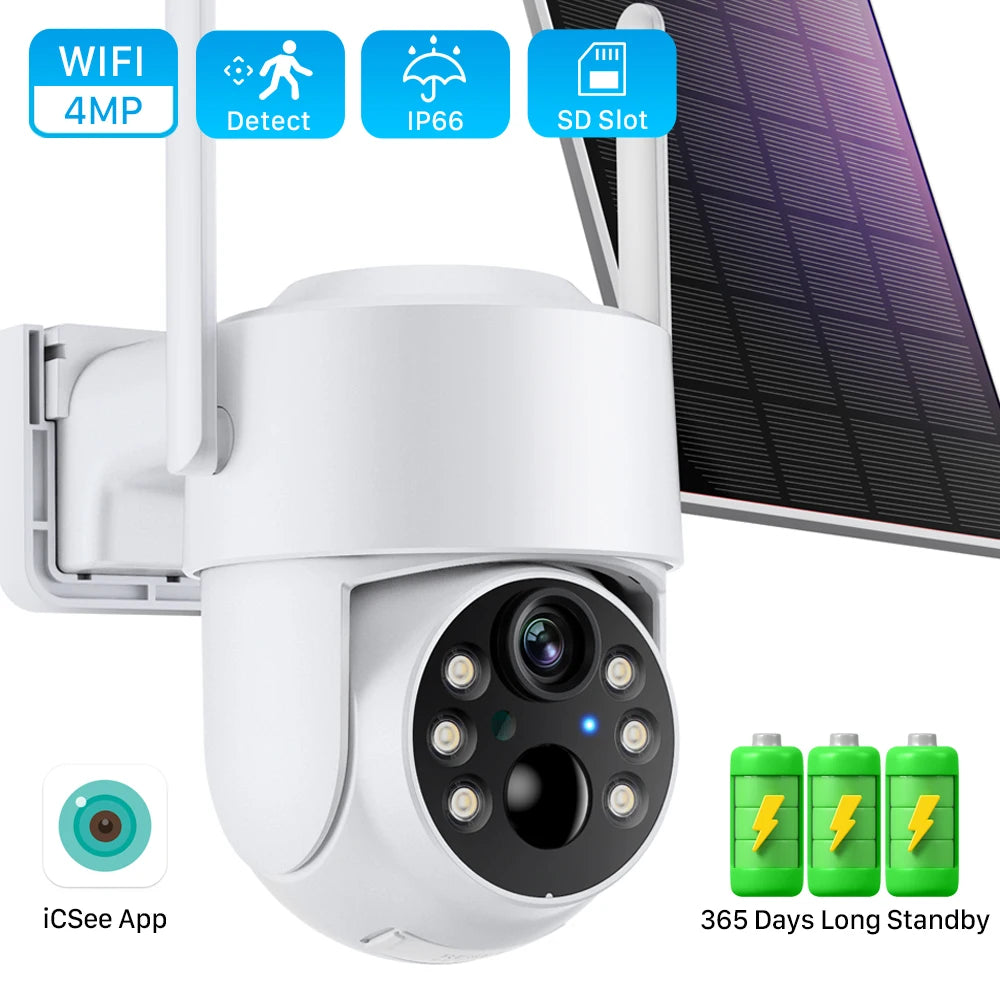 4MP Wireless Solar Camera Outdoor Wifi PIR Human Detection 7800mAh Rechargeable Battery HD 1080P Wifi Security Camera iCSee App