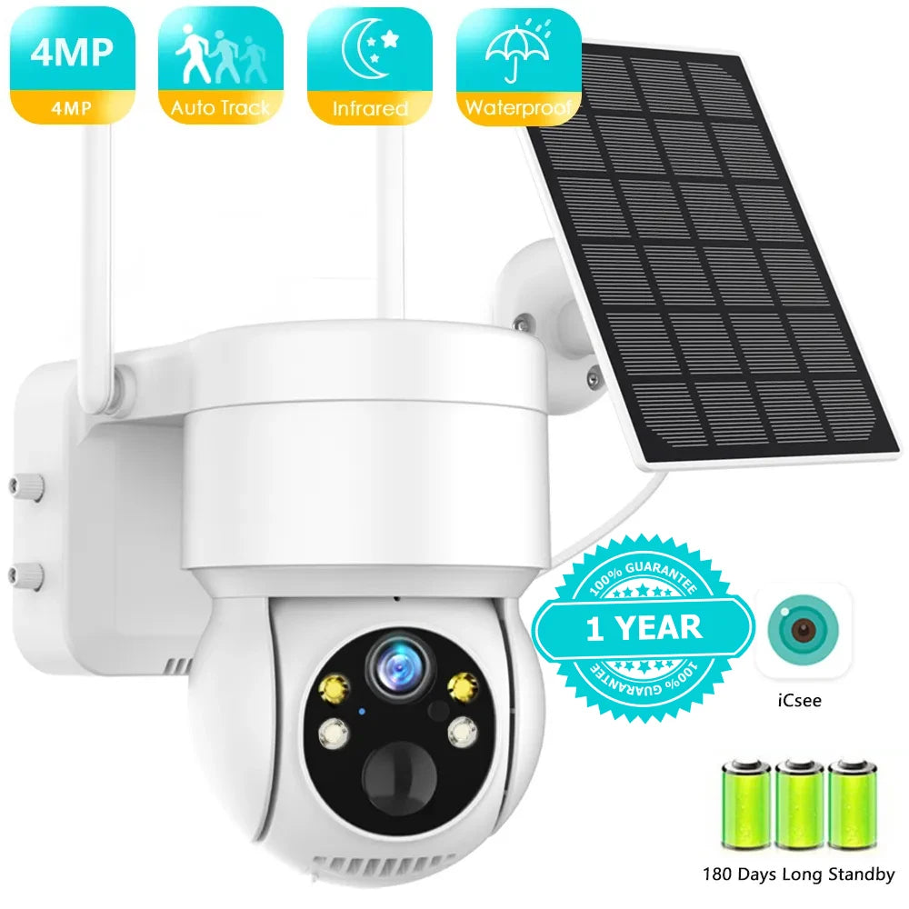 BESDER WiFi PTZ Camera Outdoor Wireless Solar IPCamera 4MP HD Built-in Battery Video Surveillance Camera Long Time Standby iCsee