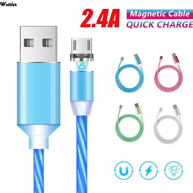 Magnetic USB Charger Cable LED Lighting Flowing Glow Cord Type C/Micro USB/8 Pin For iphone 6 7 Android Phone Fast Luminous Wire