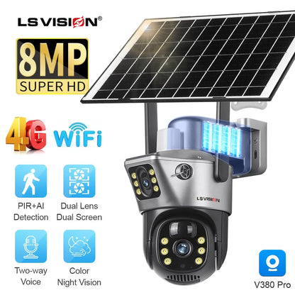 LS VISION 8MP 4G SIM Card Dual Screen Solar Camera Outdoor 4K WiFi PTZ Dual Lens Human Auto Tracking Waterproof Security Cameras