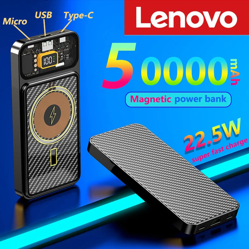 Lenovo 50000mAh Transparent Magnetic Wireless Charger Power Bank 22.5W Super Fast Charging PowerBank for Android iPhone Xiaomi