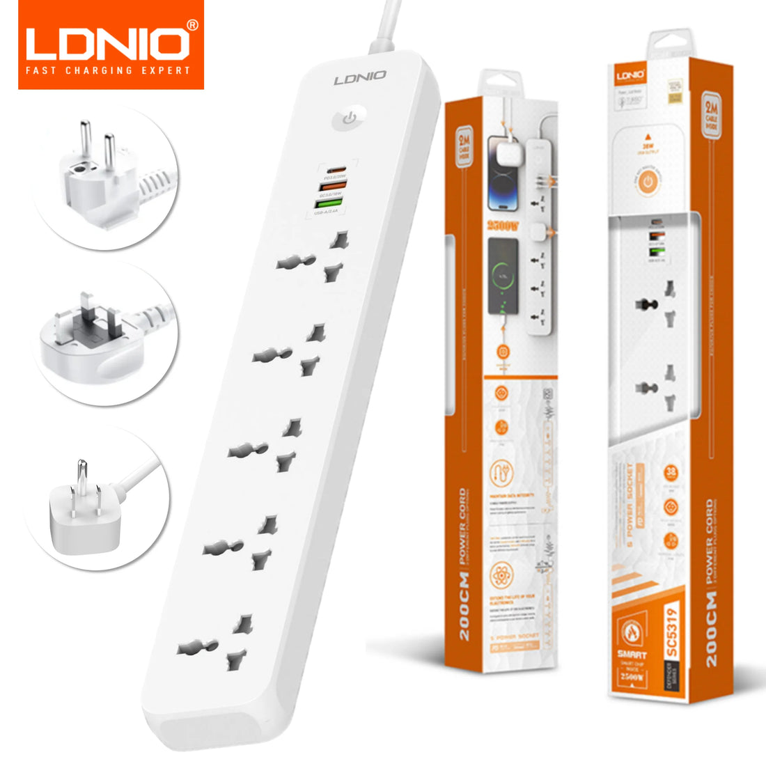LDNIO 2500W Power Strip with 5 AC Outlets & 3 USB Charging Ports 2M Extension Cable Kitchen Household EU UK US Plug