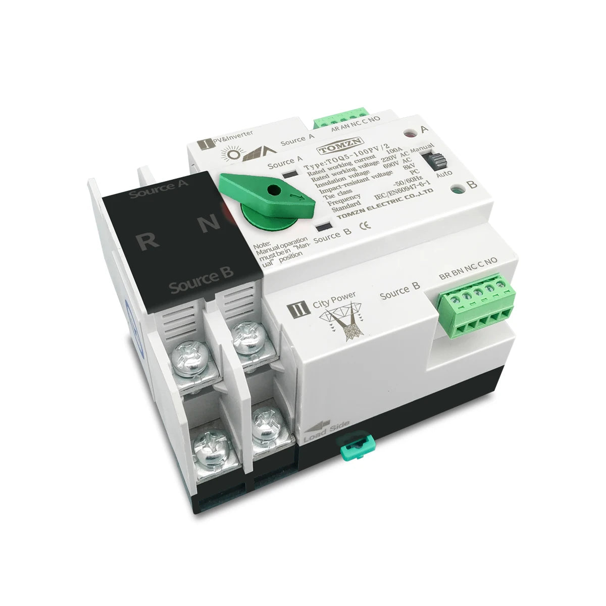 TOMZN Single Phase Din Rail ATS for PV inverter Dual Power Automatic Transfer Selector Switches Uninterrupted 2P 63A 100A 125A