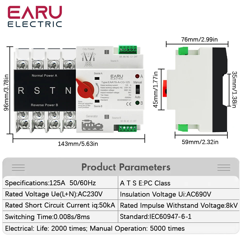 4P 125A AC 400V Din Rail ATS PV Inverter Dual Power Automatic Transfer Switch Electrical Selector Switches Uninterrupted Power