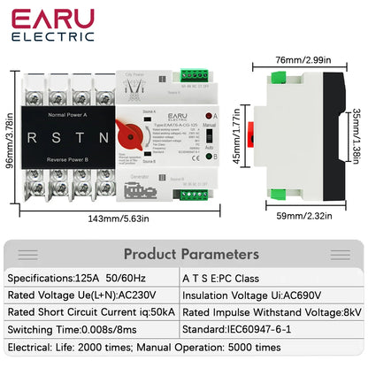 4P 125A AC 400V Din Rail ATS PV Inverter Dual Power Automatic Transfer Switch Electrical Selector Switches Uninterrupted Power