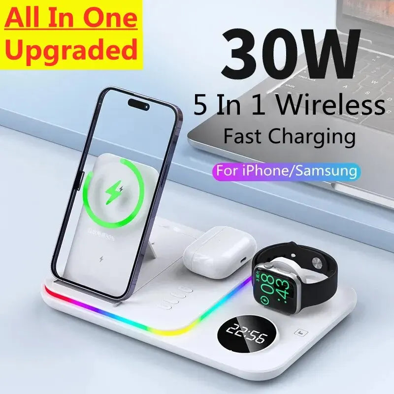 30W 5 In 1 Wireless Charger Stand Light Alarm Clock Fast Charging Station Dock For iPhone 14 13 12 IWatch Samsung Galaxy Watch - Best Electrical Accessories