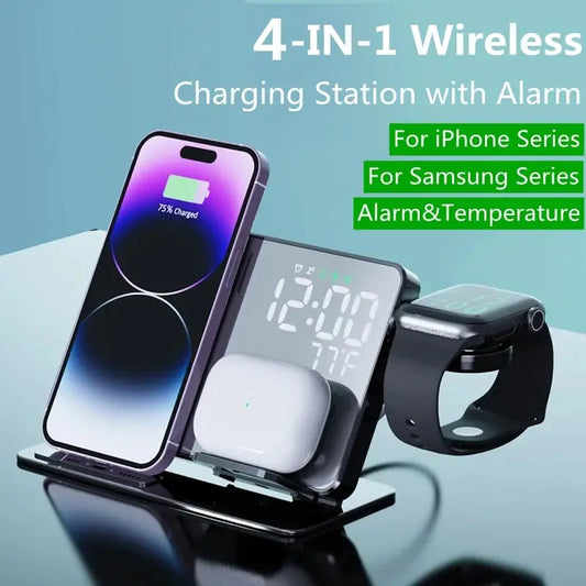 4 In 1 Wireless Charger Stand Alarm Clock Temperature Fast Charging Dock Station For iPhone 15 14 Samsung S23 S22 Galaxy Watch - Best Electrical Accessories