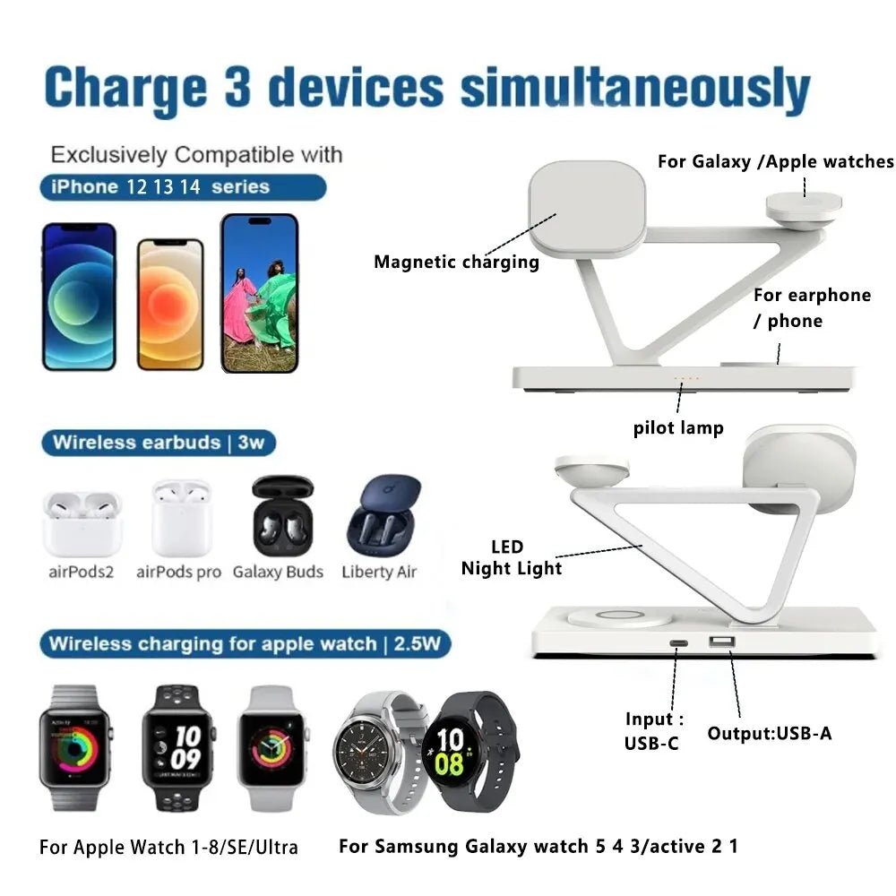 5 In 1 Magnetic Wireless Charger Stand for iPhone 14 13 12 X Samsung Apple Galaxy Watch 15W - Best Electrical Accessories