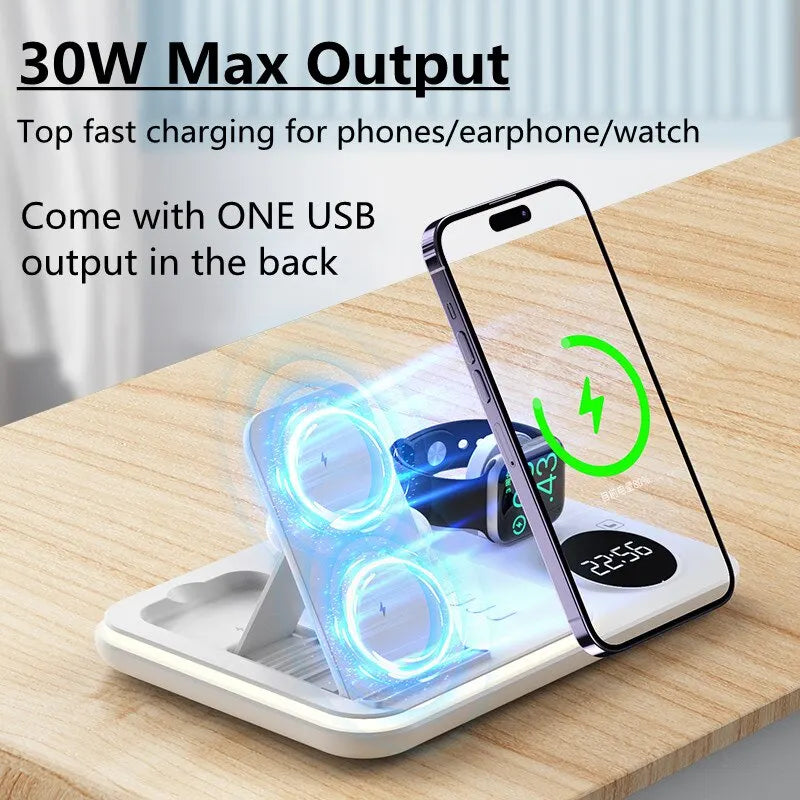 30W 5 In 1 Wireless Charger Stand Light Alarm Clock Fast Charging Station Dock For iPhone 14 13 12 IWatch Samsung Galaxy Watch - Best Electrical Accessories