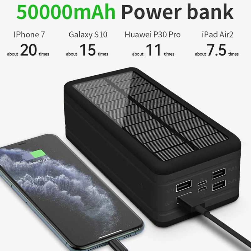 100000mAh Solar Power Bank 4USB Light Fast Charging Mobile iPhone Wireless Charging Large Capacity Battery External Battery Hot - Best Electrical Accessories