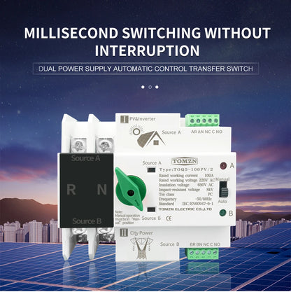 TOMZN Single Phase Din Rail ATS for PV inverter Dual Power Automatic Transfer Selector Switches Uninterrupted 2P 63A 100A 125A