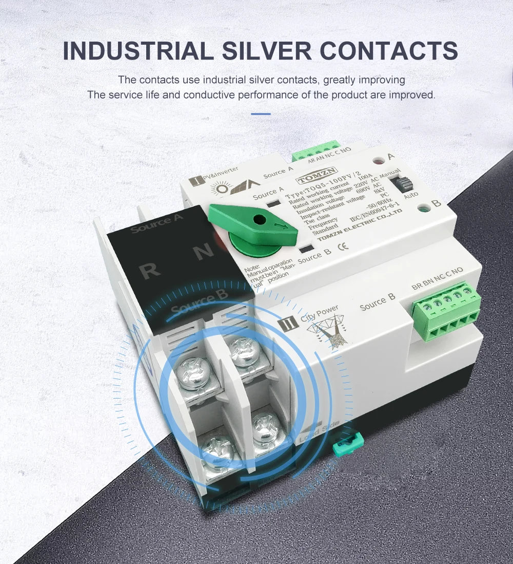 TOMZN Single Phase Din Rail ATS for PV inverter Dual Power Automatic Transfer Selector Switches Uninterrupted 2P 63A 100A 125A