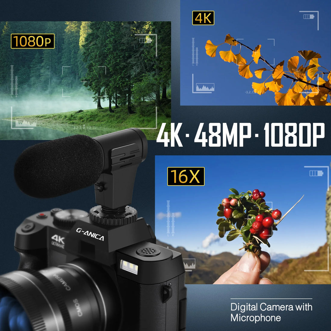 G-Anica 4K Digital Cameras for Photography 48MP Camera with Microphone 3-Color Filter Video Camera with Wide-Angle&amp;Macro Lens - Best Electrical Accessories