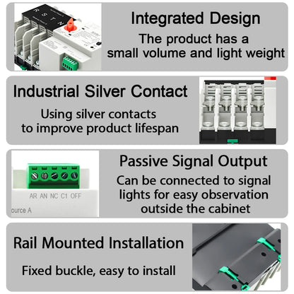 4P 125A AC 400V Din Rail ATS PV Inverter Dual Power Automatic Transfer Switch Electrical Selector Switches Uninterrupted Power