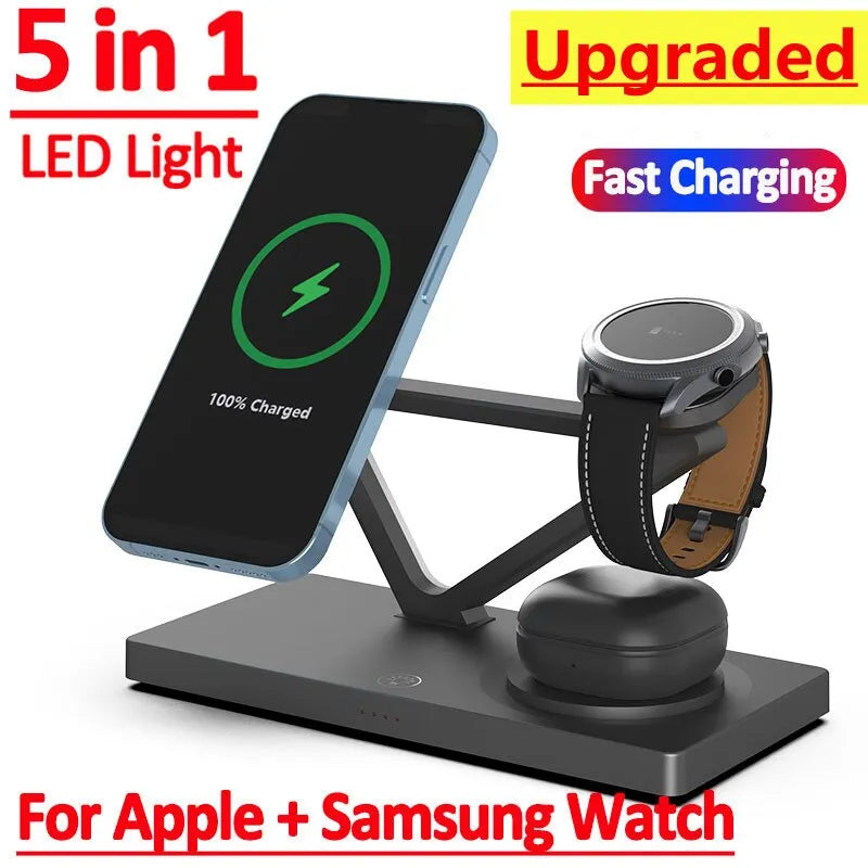 5 In 1 Magnetic Wireless Charger Stand for iPhone 14 13 12 X Samsung Apple Galaxy Watch 15W - Best Electrical Accessories