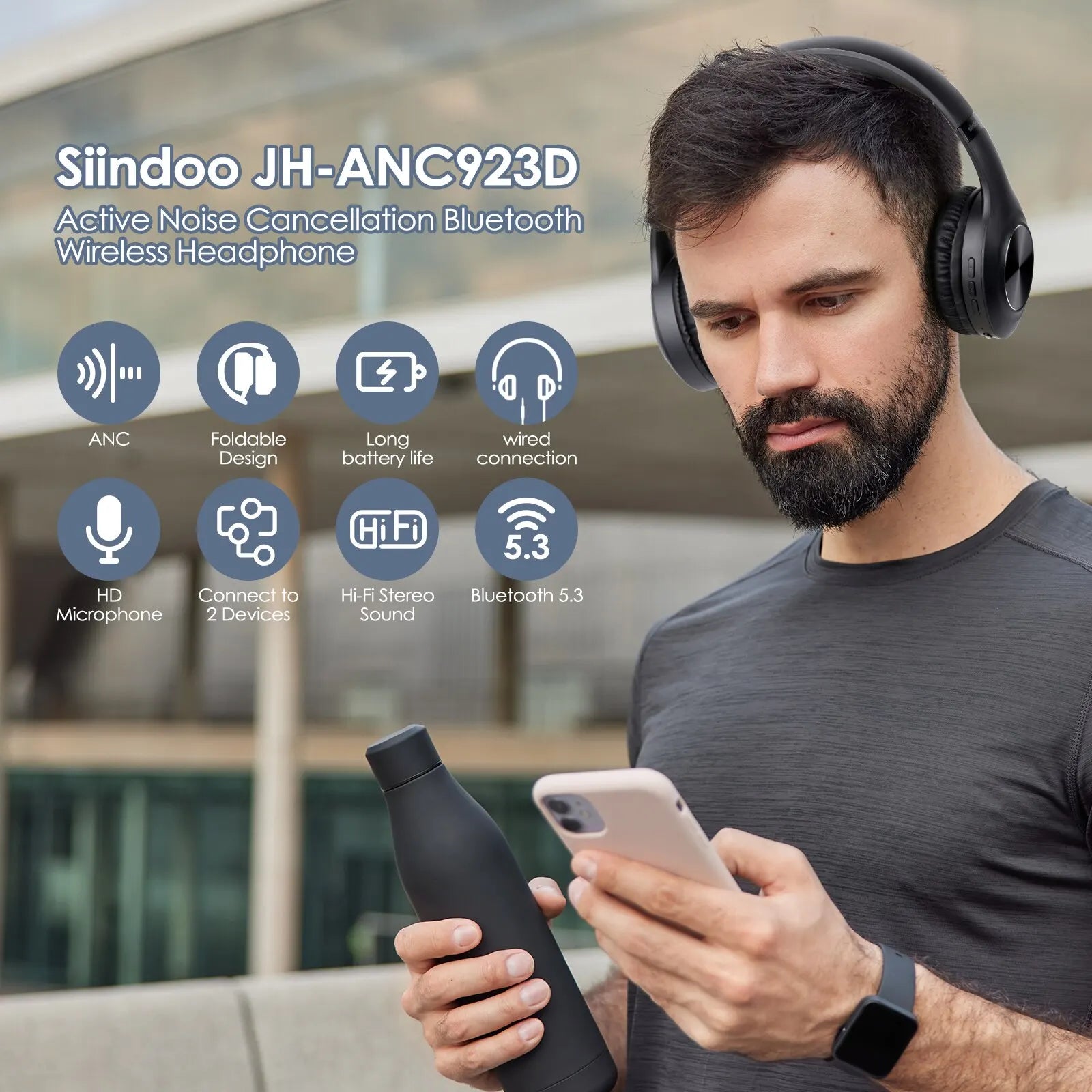 Siindoo JH-ANC923 Active Noise Cancelling Wireless Headset Foldable Over-Ear Bluetooth Headphone With Mic Hi-Fi Stereo Deep Bass - Best Electrical Accessories