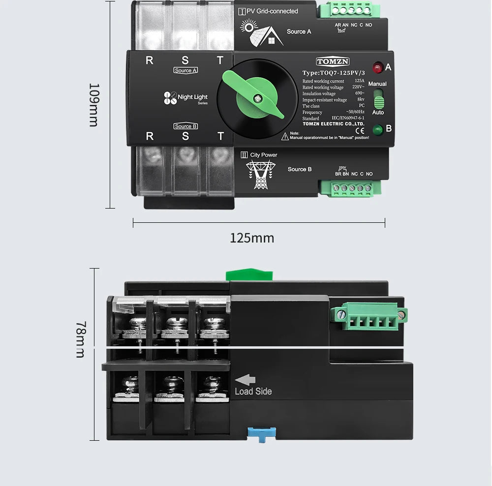 TOMZN Din Rail 2P 3P 4P 63A 100A 125A 230V Dual Power Automatic Transfer Electrical Selector Switch Uninterrupted TOQ7