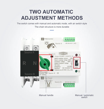 TOMZN Single Phase Din Rail ATS for PV inverter Dual Power Automatic Transfer Selector Switches Uninterrupted 2P 63A 100A 125A