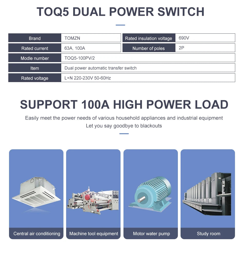 TOMZN Single Phase Din Rail ATS for PV inverter Dual Power Automatic Transfer Selector Switches Uninterrupted 2P 63A 100A 125A