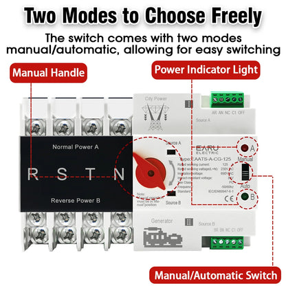 4P 125A AC 400V Din Rail ATS PV Inverter Dual Power Automatic Transfer Switch Electrical Selector Switches Uninterrupted Power