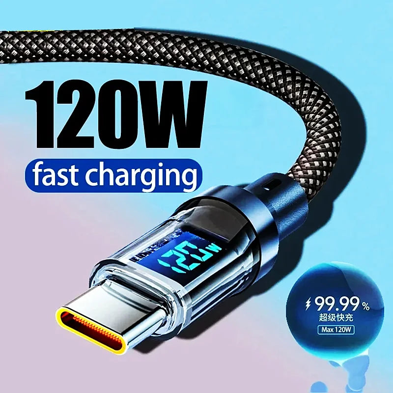 120W Dual USB-C Digital Display PD Fast Charging Cable — USB Type-C to Type-C for iPhone 15 Pro Max, Xiaomi, MacBook, iPad