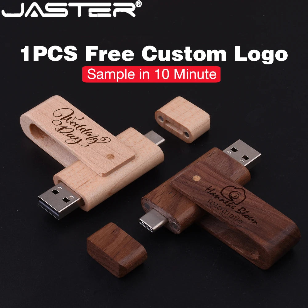USB3.0 Wooden TYPE-C Free Custom Logo USB 3.0 Flash Drive 128GB Rotatable Pen Drive 64GB Memory Stick Creative Gift Pendrive