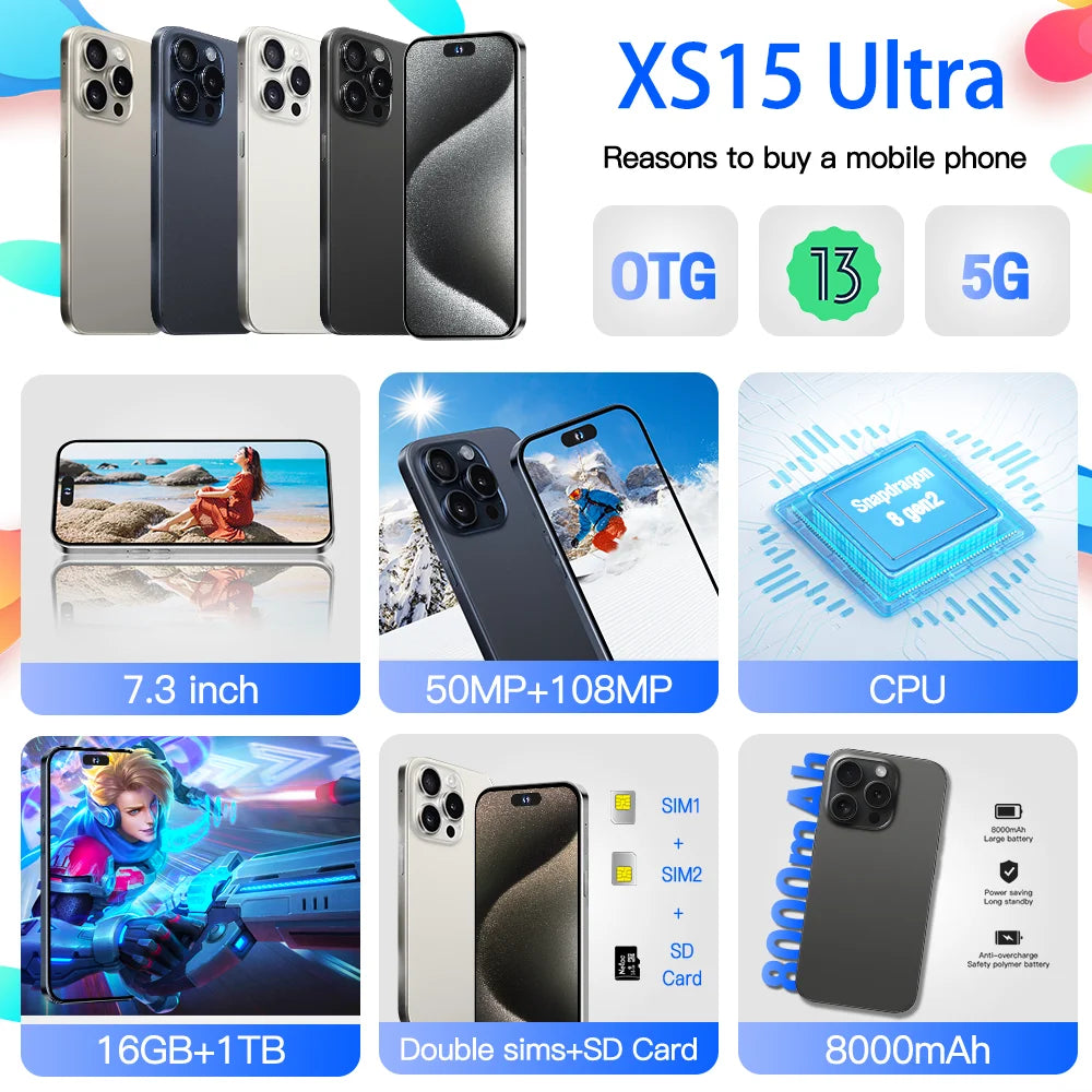 New XS15 Ultra Full Screen 4G 5G Cell Phone 8000mAh