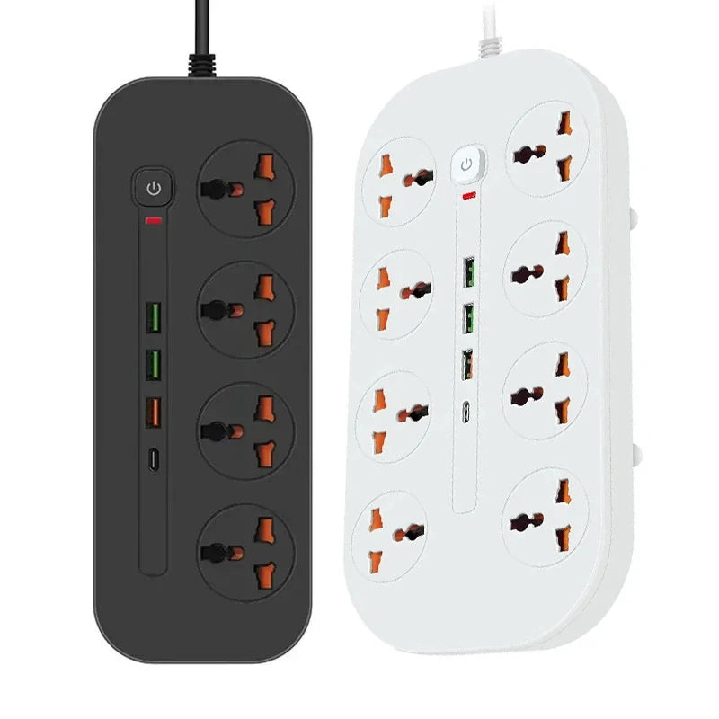 Power Strip EU UK US Plug Surge Protector Socket 2m Extension Cord with 3 USB 1 Type-C Ports 6/8 Jacks Universal Outlet for Home