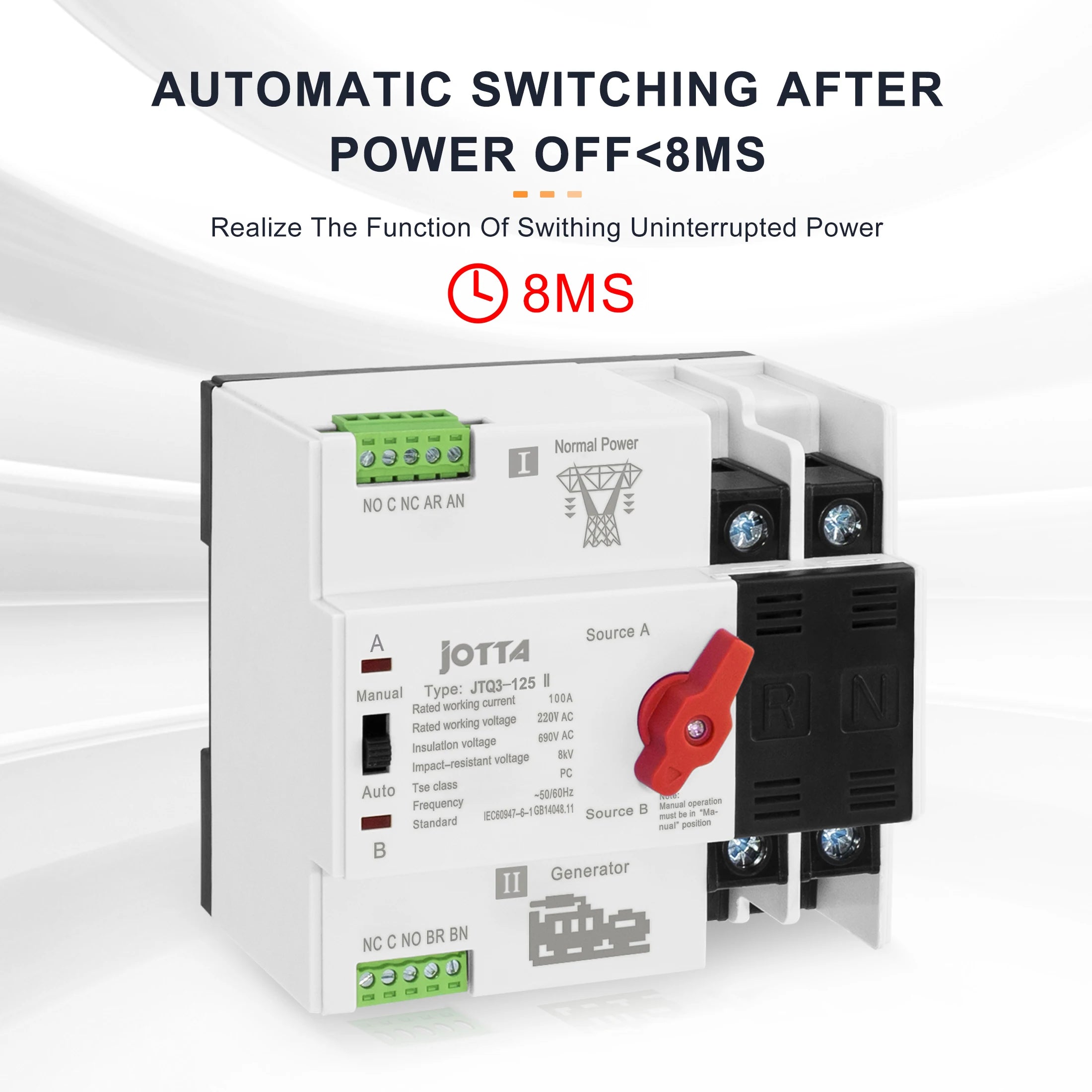 JOTTA 2P 100A 220V Mini ATS Automatic Transfer Switch Electrical Selector Switches Dual Power Switch