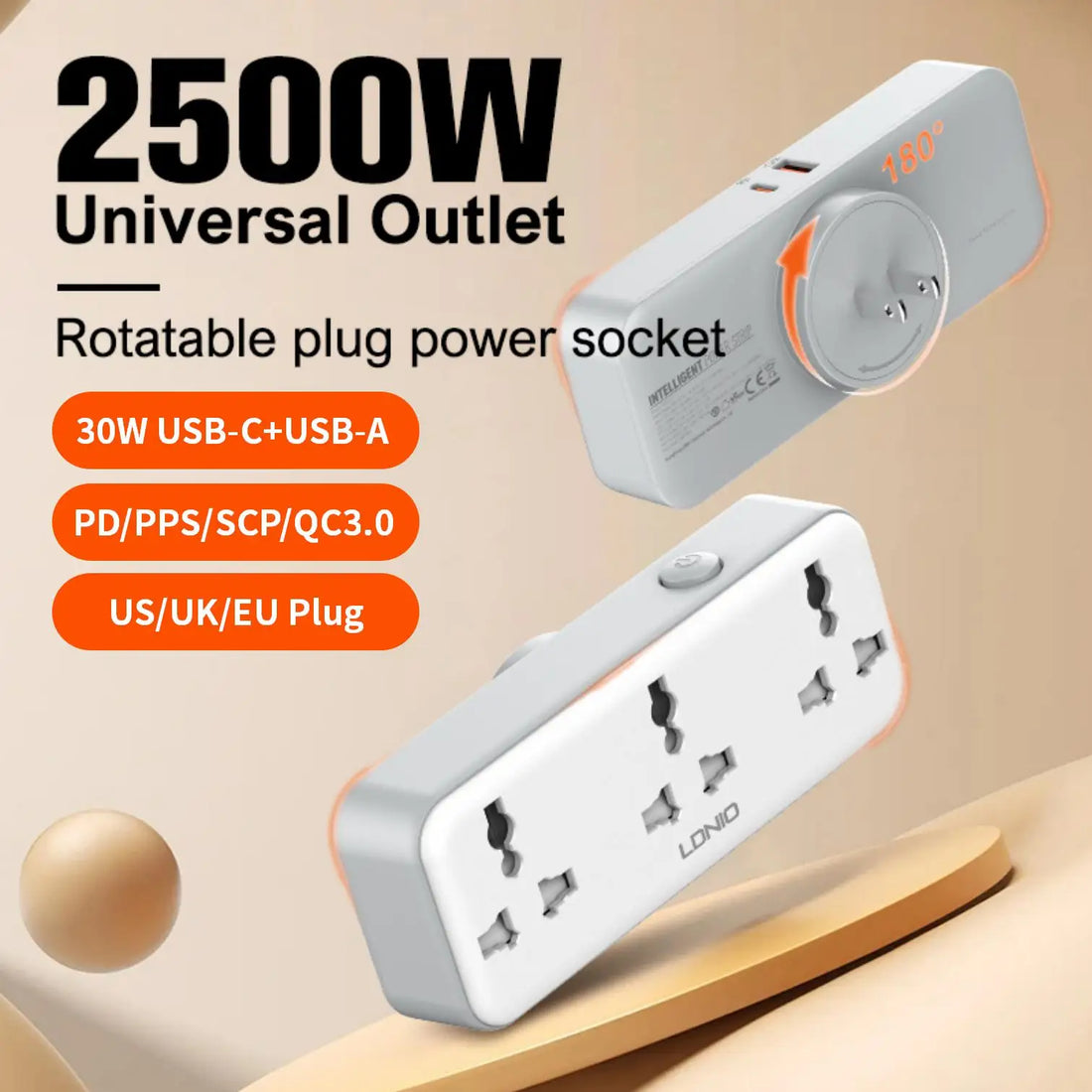 US UK EU Plug Outlet 3 Sockets Multitap Wall Power Strip Electrical Socket USB A USB C Port No Extension Cord Rotatable Plug