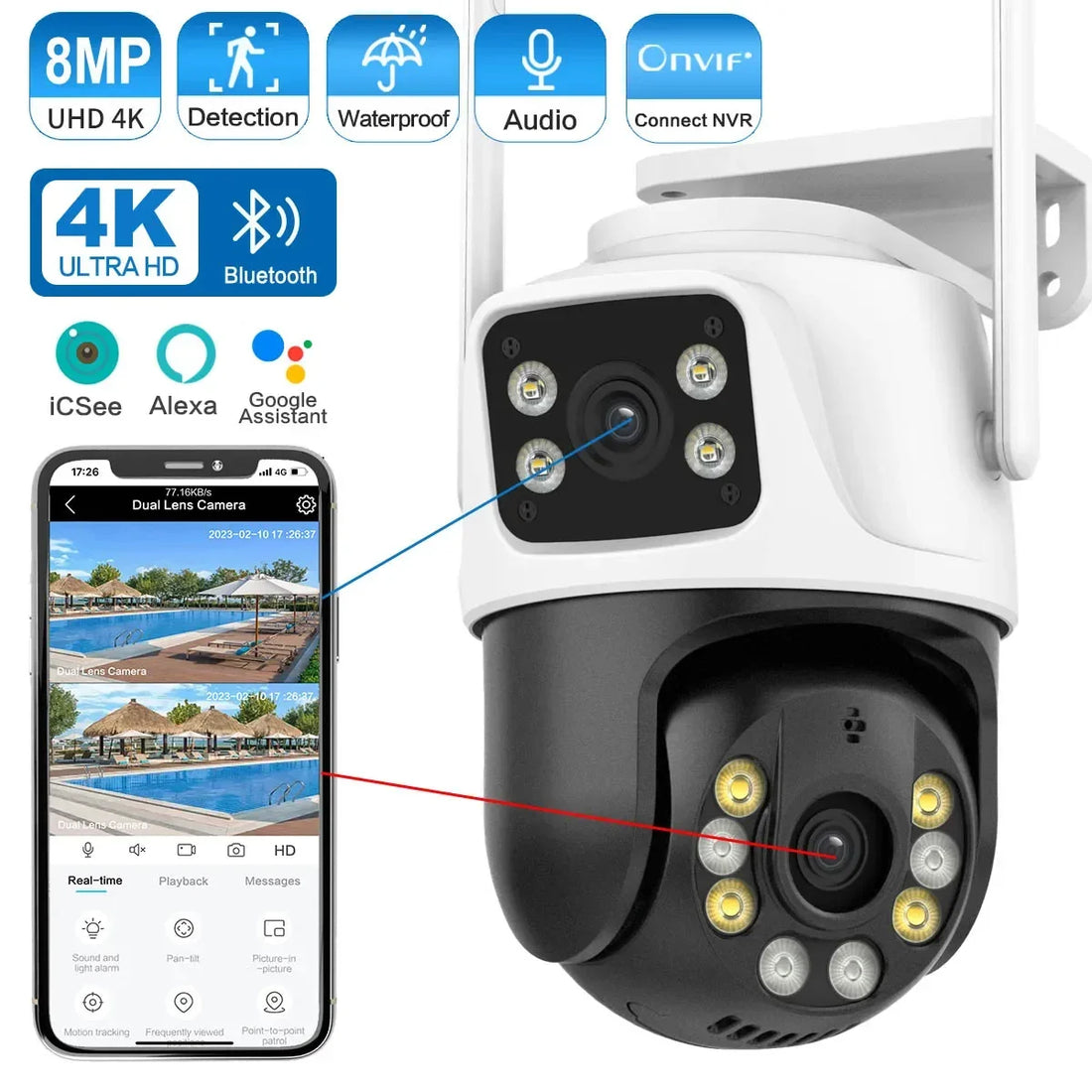 New 4K PTZ Camera 8MP Wifi Camera Dual Lens Dual Screen Ai Human Detect Auto Tracking Wireless Outdoor Surveillance Camera iCSee