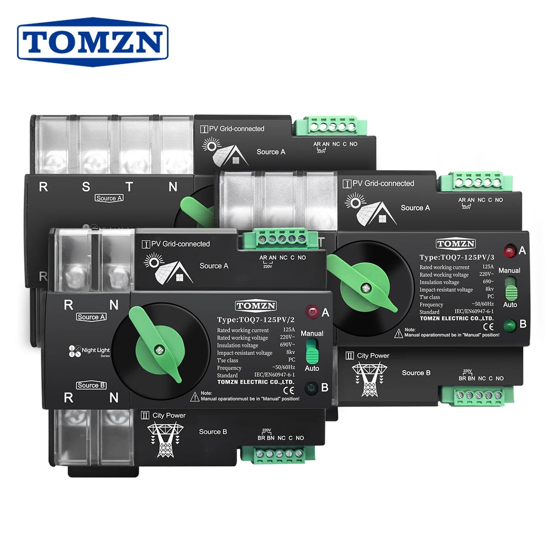 TOMZN Din Rail 2P 3P 4P 63A 100A 125A 230V Dual Power Automatic Transfer Electrical Selector Switch Uninterrupted TOQ7