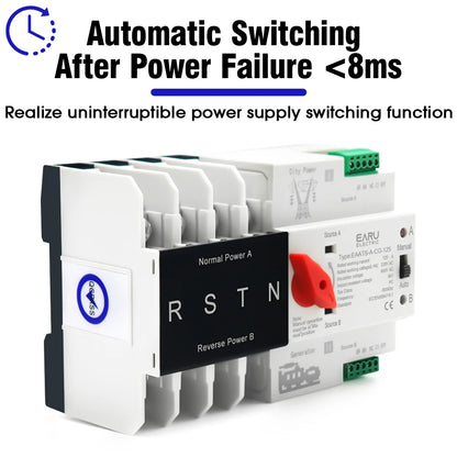 4P 125A AC 400V Din Rail ATS PV Inverter Dual Power Automatic Transfer Switch Electrical Selector Switches Uninterrupted Power