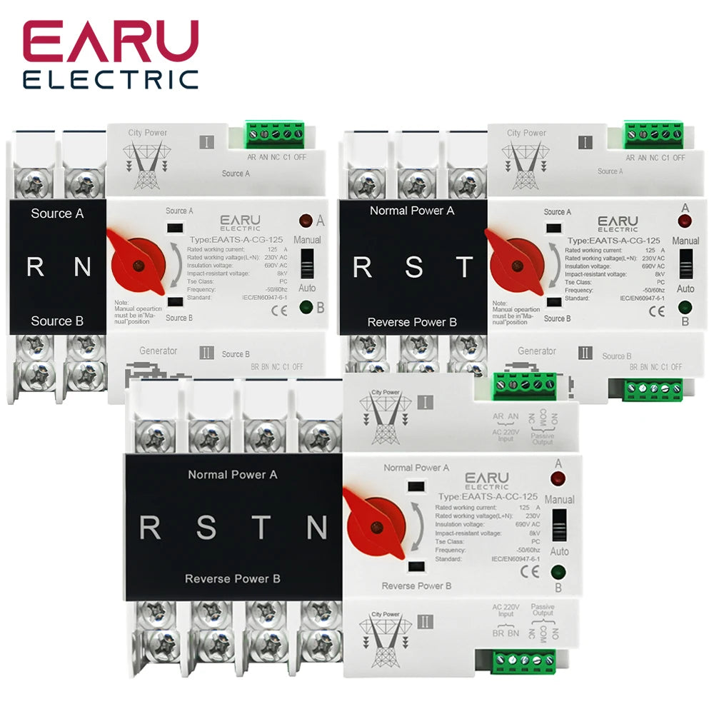 Din Rail 2/3/4P AC 110V 230V 125A Mini ATS Dual Power Automatic Transfer Switch Electrical Selector Switches Uninterrupted Power