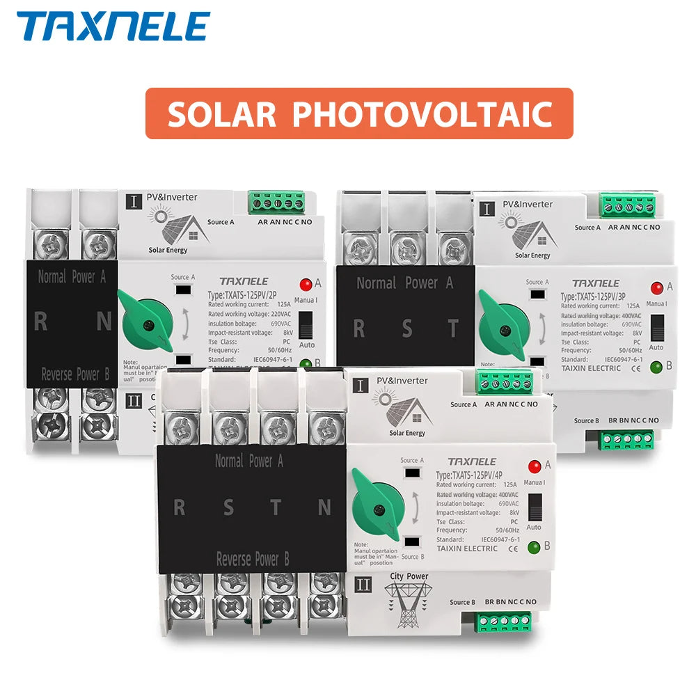 2P 3P 4P Din Rail ATS PV Inverter Dual Power Automatic Transfer Selector Switches Uninterrupted 63A 100A 125A Photovoltaic Solar