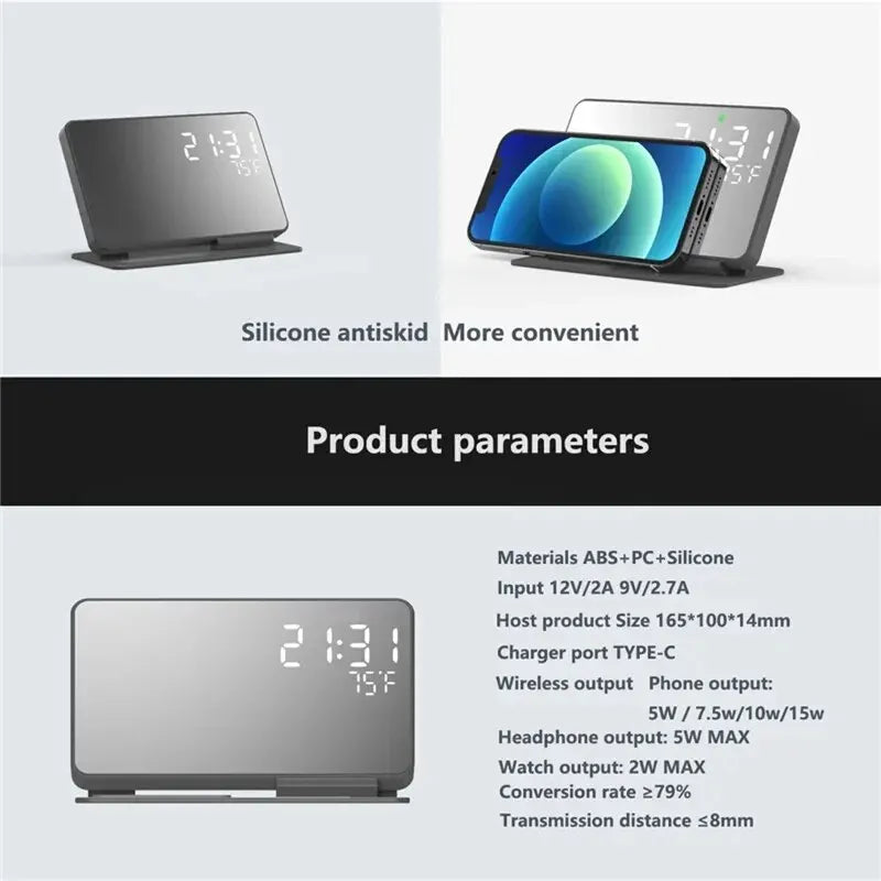 4 In 1 Wireless Charger Stand Alarm Clock Temperature Fast Charging Dock Station For iPhone 15 14 Samsung S23 S22 Galaxy Watch - Best Electrical Accessories