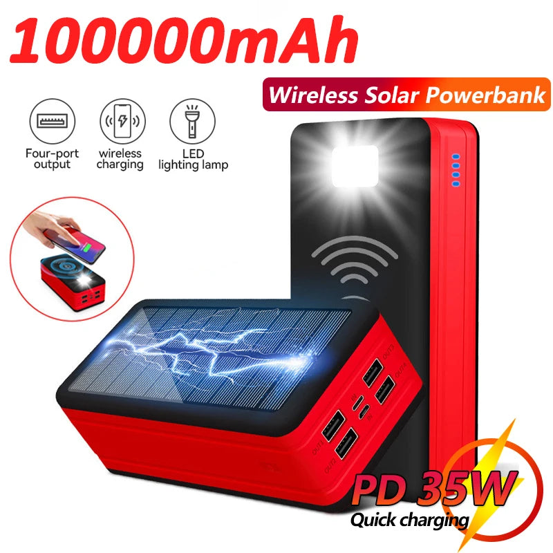 100000mAh Solar Power Bank 4USB Light Fast Charging Mobile iPhone Wireless Charging Large Capacity Battery External Battery Hot - Best Electrical Accessories