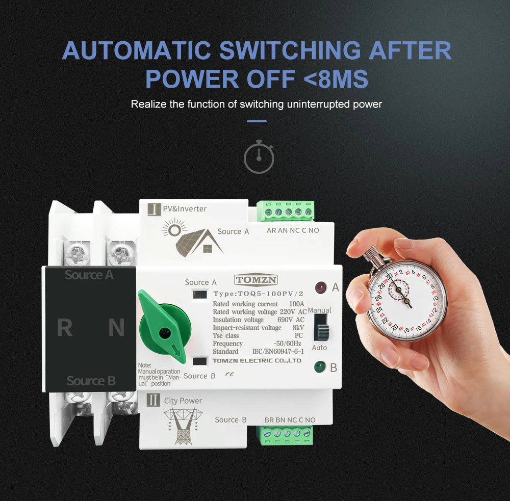 TOMZN Single Phase Din Rail ATS for PV inverter Dual Power Automatic Transfer Selector Switches Uninterrupted 2P 63A 100A 125A