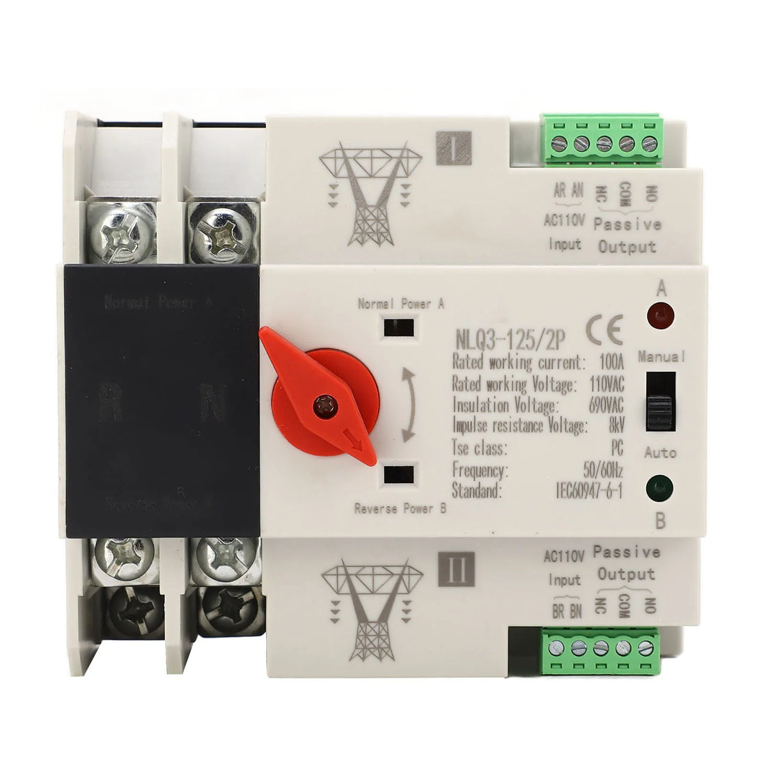 2P AC110V 100A Dual Power Automatic Transfer Switch 35mm Rail Mounting ATS Generator Transfer Changeover Switch