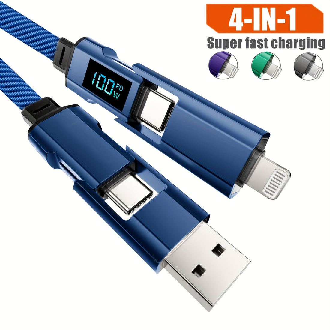 🔌 100W 4-in-1 USB-C Fast Charger Cable with Digital Display